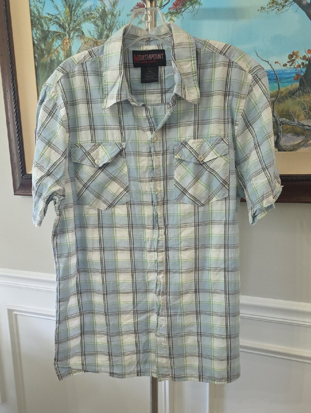 Northpoint Light Blue Plaid Short-Sleeve Button-Down Shirt